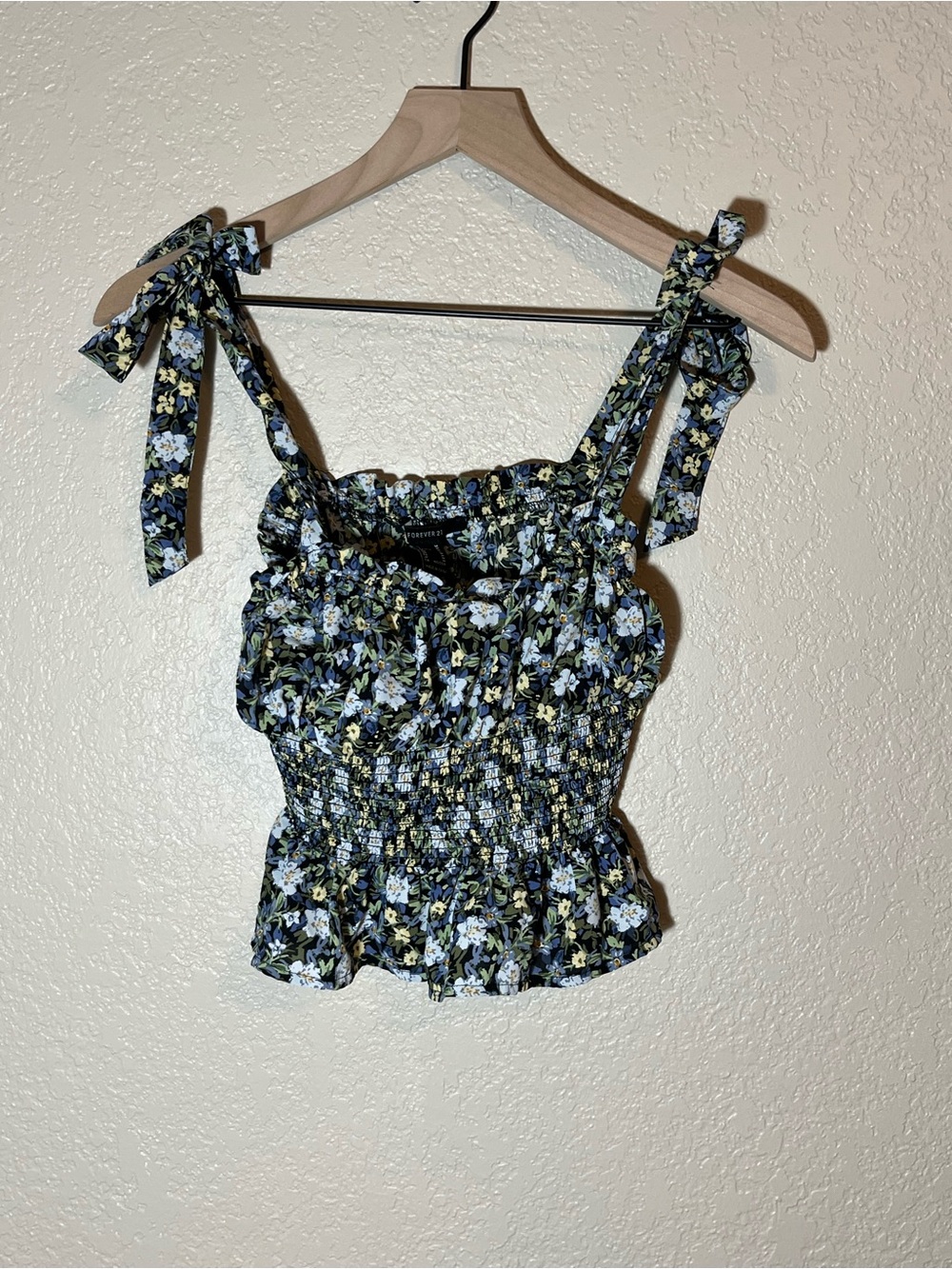 Forever 21 Black Floral Smocked Tie-Strap Camisole